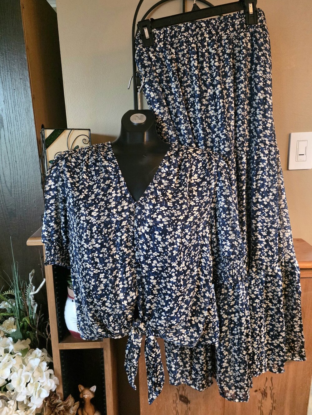 Boho Navy Floral Two-Piece Set - V-Neck Tie Top & Tiered Maxi Skirt Coastal Chic